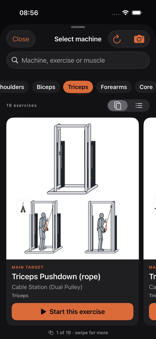 Triceps exercises as large swipeable cards